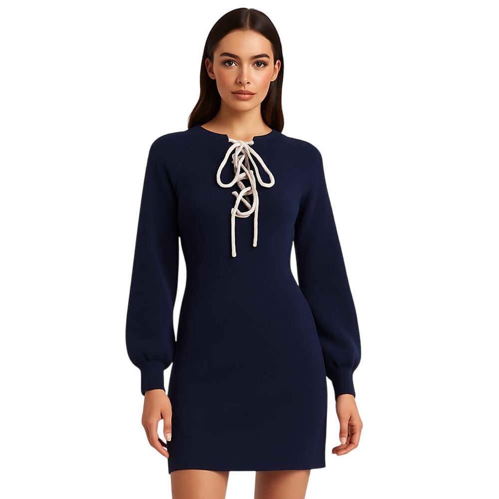 Navy Blue Soft Luxury Knit Dress with Lace Up Detail, Size S/M